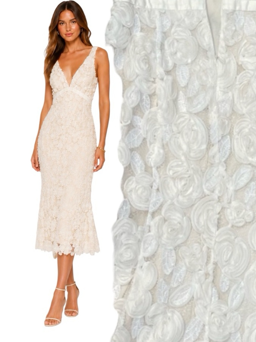 Sleeveless V-Neck Lace Midi Dress in Cream Cream 3D Floral